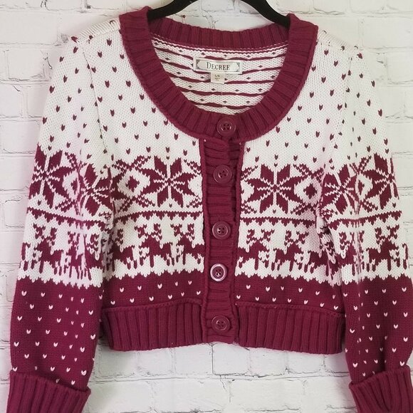 DECREE Girls Junior sz Large Cropped Button Front Reindeer Boysenberry Sweater L - Picture 1 of 8